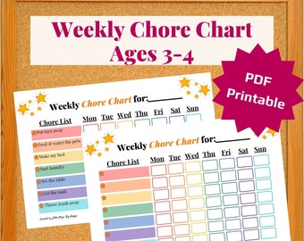 Weekly Chore Chart Ages 3-4 | Chore Chart for Kids | Printable Chore List | Preschool Chore List | Daily Chore List | Instant Download