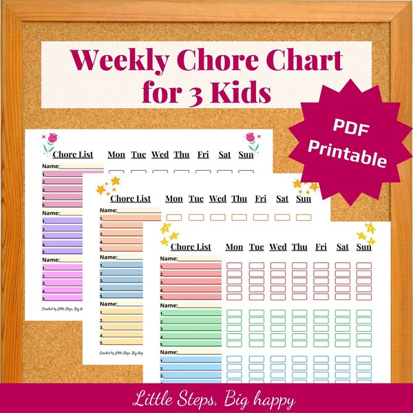 Weekly Chore Chart for 3 Kids | Printable Chore List | Multiple Kids | Customizable Chore List | Sticker Chart | Toddlers & Preschoolers