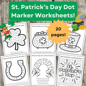 Op de afbeelding: Een set van 20 printbare St. Patrick's Day stippenmarker werkbladen. De werkbladen bevatten afbeeldingen van een klavertjevier, een pot met goud, een kabouterhoed, een hoefijzer en een regenboog. Elke afbeelding is omlijnd met cirkels die kinderen kunnen inkleuren met stippenmarkers.