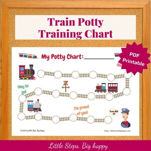 May include: A printable potty training chart featuring a train theme. The chart has a train track with circles to mark progress. It says "My Potty Chart:" at the top and "Way to go!" and "I'm proud of you!" and "You did it!" along the track.