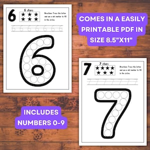 May include: Printable worksheet for tracing the numbers 6 and 7. Each number has a dotted outline for children to trace with a dot marker. The worksheet includes a section for practicing writing the number and a section for counting stars.