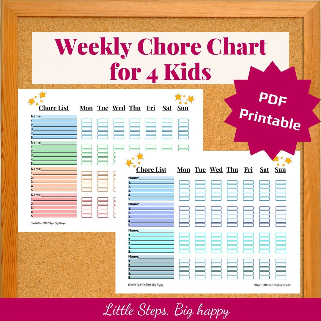 Weekly Chore Chart for 4 Kids | Printable Chore List | Multiple Kids ...