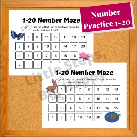 counting number mazes 1 20 printable worksheets for kids etsy