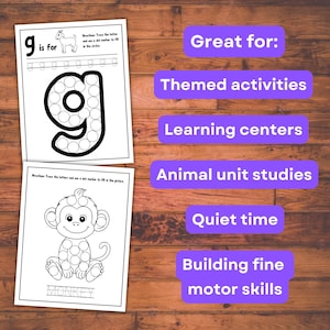 May include: Black and white printable worksheet with a dotted letter 'g' and a goat. The worksheet also includes a dotted image of a monkey with the word 'monkey' written below it. The text 'Great for' is written in black at the top of the page, followed by a list of uses for the worksheet, including 'Themed activities', 'Learning centers', 'Animal unit studies', 'Quiet time', and 'Building fine motor skills'.