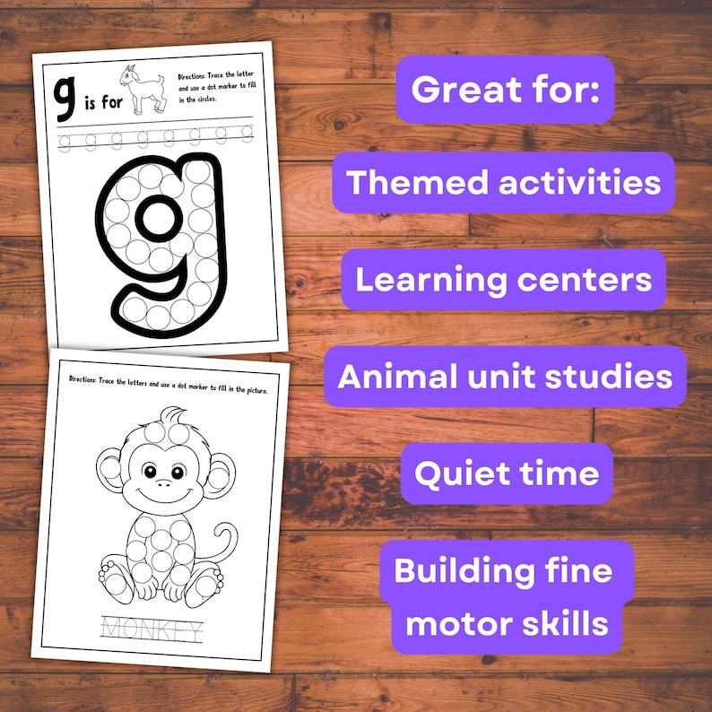 May include: Black and white printable worksheet with a dotted letter 'g' and a goat. The worksheet also includes a dotted image of a monkey with the word 'monkey' written below it. The text 'Great for' is written in black at the top of the page, followed by a list of uses for the worksheet, including 'Themed activities', 'Learning centers', 'Animal unit studies', 'Quiet time', and 'Building fine motor skills'.