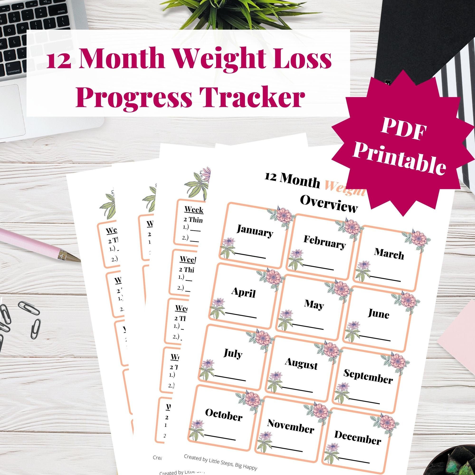 12 Month Weight Loss Progress Tracker Motivational Weight Etsy
