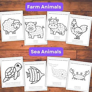 May include: Black and white printable worksheets for kids to trace the letters and dot the circles to complete the images of farm animals, including a sheep, pig, cow, and chicken, and sea animals, including a sea turtle, angelfish, whale, and crab.
