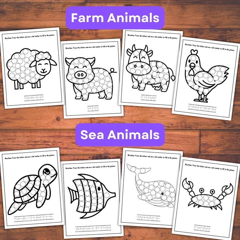 May include: Black and white printable worksheets for kids to trace the letters and dot the circles to complete the images of farm animals, including a sheep, pig, cow, and chicken, and sea animals, including a sea turtle, angelfish, whale, and crab.