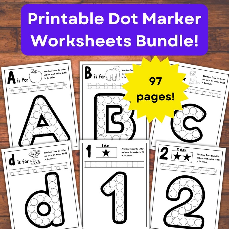 May include: A set of 97 printable dot marker worksheets for kids. The worksheets feature uppercase letters, lowercase letters, and numbers. Each letter and number is surrounded by a circle of dots that children can color in with dot markers.