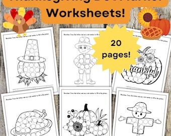 Thanksgiving Printable Dot Marker Worksheets for Kids, Thanksgiving Activity for Kids, Thanksgiving Coloring Pages, Thanksgiving Worksheets