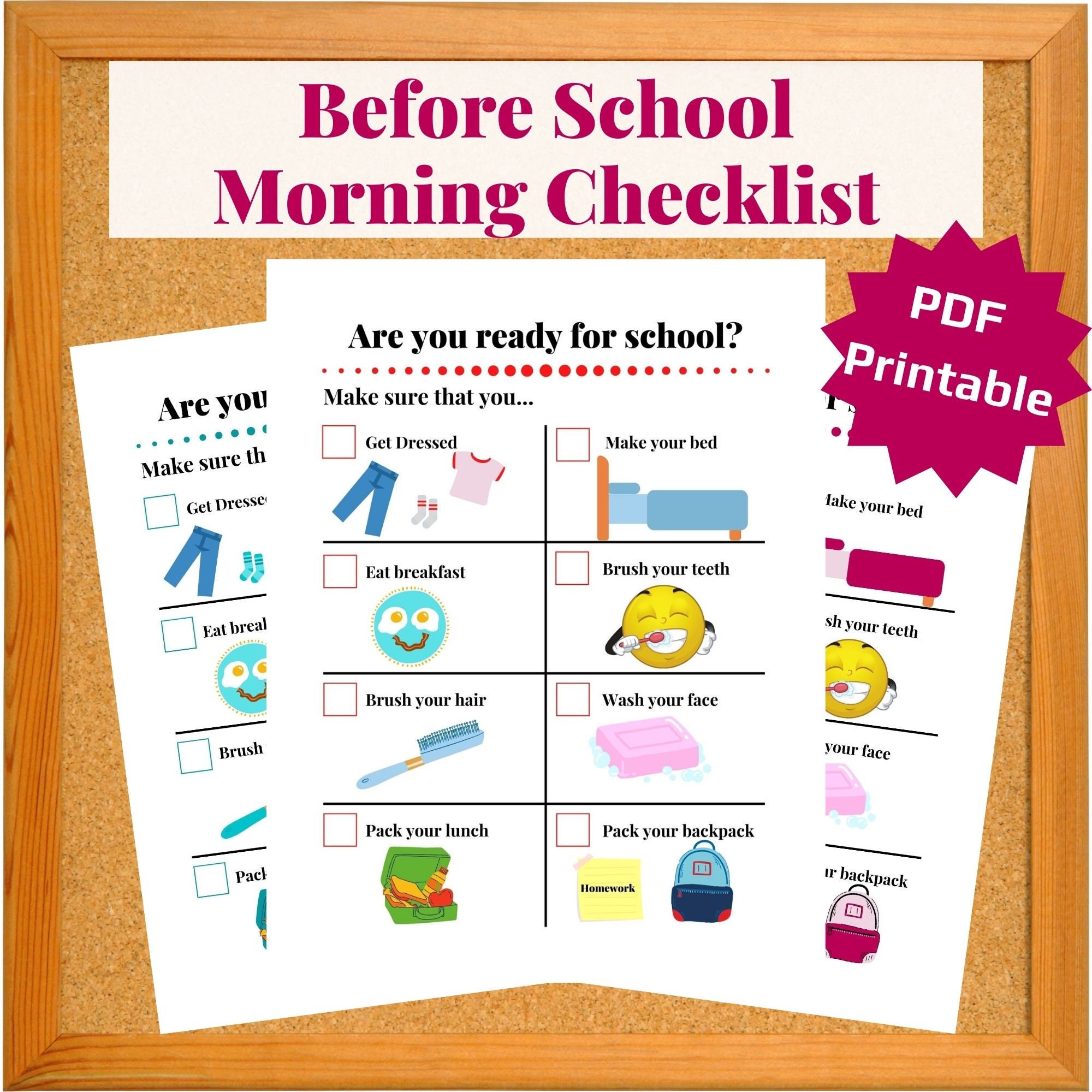Before School Morning Checklist | Girls & Boys Daily Routine Chart | Printable Visual Schedule for Kids | Picture Morning Routine Checklist