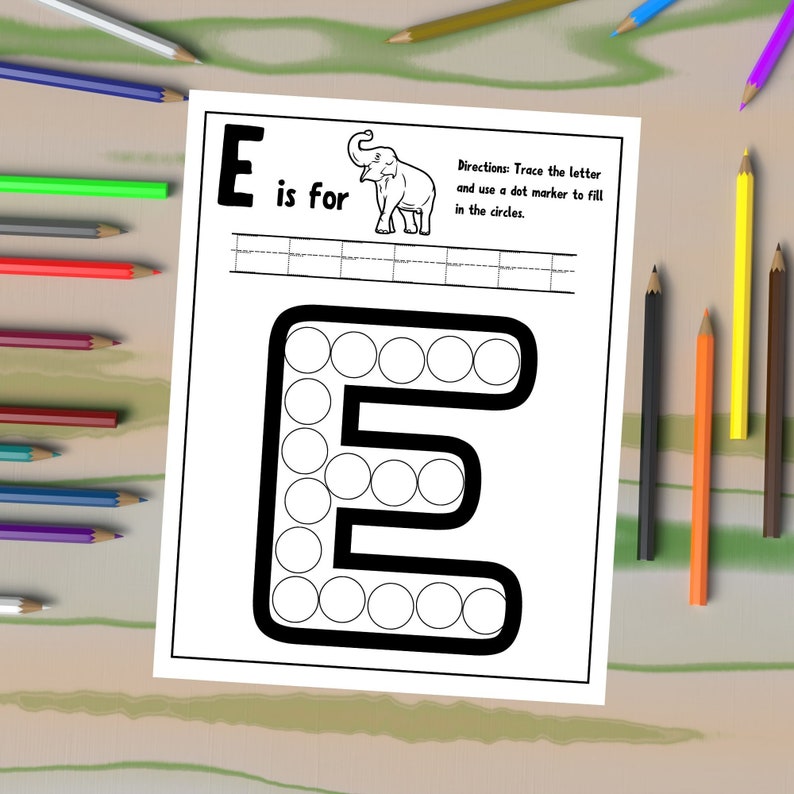 May include: A black and white printable worksheet for kids to practice tracing the letter E. The worksheet features a dotted outline of the letter E and an illustration of an elephant. The text "E is for" is printed above the letter. The instructions "Directions: Trace the letter and use a dot marker to fill in the circles." are printed on the right side of the worksheet.