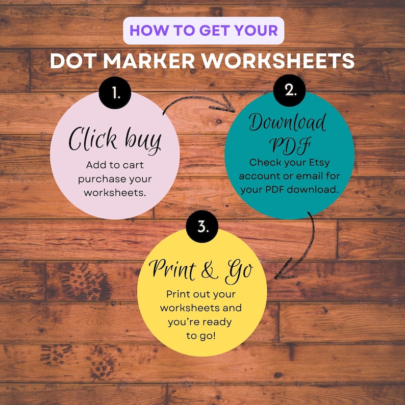 May include: A graphic showing three steps to get dot marker worksheets. Step 1: Click buy, add to cart, purchase your worksheets. Step 2: Download PDF, check your Etsy account or email for your PDF download. Step 3: Print & Go, print out your worksheets and you're ready to go!