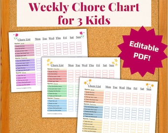 Weekly Chore Chart for 3 Kids | Printable Chore List | Multiple Kids | Customizable Chore List | Sticker Chart | Toddlers & Preschoolers