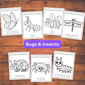 May include: Black and white printable dot-to-dot activity sheets featuring various bugs and insects, including a butterfly, ant, bee, dragonfly, ladybug, spider, and caterpillar. Each sheet has the name of the insect at the bottom.