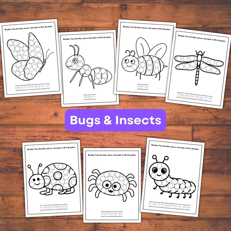 May include: Black and white printable dot-to-dot activity sheets featuring various bugs and insects, including a butterfly, ant, bee, dragonfly, ladybug, spider, and caterpillar. Each sheet has the name of the insect at the bottom.