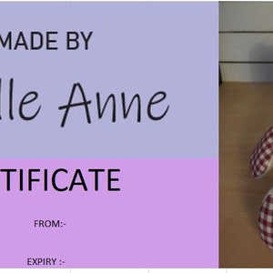 May include: A handmade gift certificate with a red and white gingham teddy bear. The certificate is for a gift from Michelle Anne.