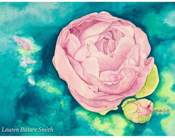 Peony Watercolor Art Print, Fine Art Print, floral botanical teal flower artwork