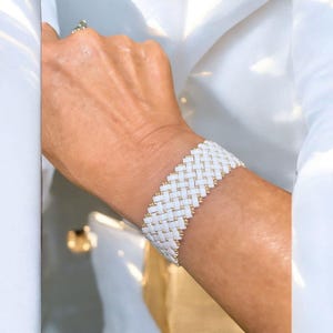 Woven cuff bracelet with Japanese miyuki half Tila beads - White and gold seed beads
