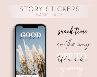 May include: A phone screen mockup with a variety of text-based stickers, including "Good Vibes", "Snack Time", "On The Way", "Off To Work", "Yummy", "Happy Day", and "OOTD".