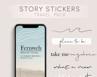 May include: A set of digital stickers for Instagram stories featuring travel-themed illustrations and text. The stickers include a wave, the text "place to be", the text "take me anywhere", the text "what a view", and the text "off to the airport".