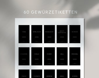 60 Minimalist Black Spice Labels, Printable Gewürzetiketten (PDF, PNG)