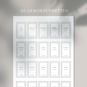 May include: A sheet of 60 spice labels with black text on a white background. Each label is rectangular with a thin black border and a horizontal black line. The labels include spice names like "Anis", "Cayenne", and "Fisch".