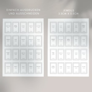 May include: Two sheets of white spice labels with black text. The labels are rectangular, with the text inside a thin black border. The text includes spice names like "Coriander" and "Saffron". The text "Einfach Ausdr&uuml;cken Und Ausschneiden" is at the top, and "3.3cm x 5.5cm" is on the right.