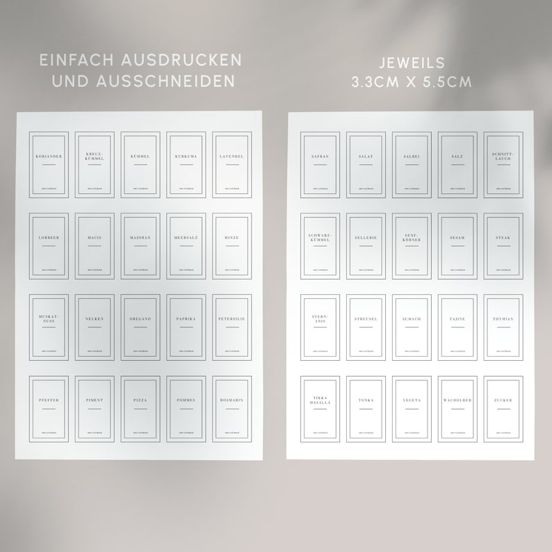 May include: Two sheets of white spice labels with black text. The labels are rectangular, with the text inside a thin black border. The text includes spice names like "Coriander" and "Saffron". The text "Einfach Ausdr&uuml;cken Und Ausschneiden" is at the top, and "3.3cm x 5.5cm" is on the right.