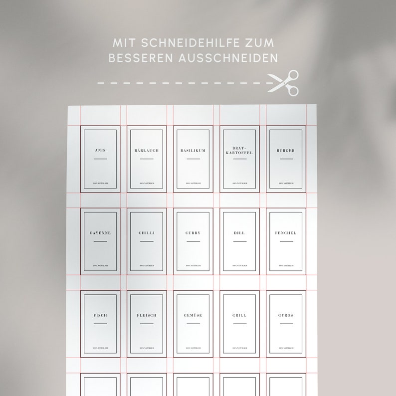 May include: A sheet of white spice labels with black text, including "Anis", "Barlauch", and "Basilikum". The labels are arranged in rows and columns with red cutting guides. The text "MIT SCHNEIDEHILFE ZUM BESSEREN AUSSCHNEIDEN" is at the top.