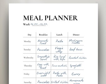 Weekly Meal Planner Template, Minimalist Food Diary (PDF, PNG)