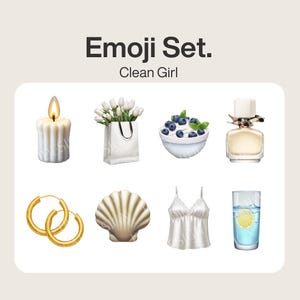 Op de afbeelding: Een set emoji's die de esthetiek van een schoon meisje uitbeelden. De emoji's omvatten een witte kaars, een boeket witte bloemen in een witte boodschappentas, een kom yoghurt met blauwe bessen, een fles parfum, een paar gouden oorringen, een witte schelp, een wit topje en een glas water met een schijfje citroen.