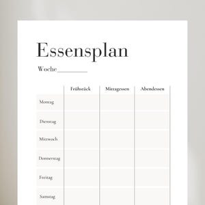 以下が含まれることがあります： 「Essensplan」というタイトルと「Woche」という単語に続く空白行のある、印刷可能な食事プランナーテンプレート。テンプレートは、「Frühstück」、「Mittagessen」、「Abendessen」というラベルの付いた3つの列に分割されています。曜日は左側にリストされています：Montag、Dienstag、Mittwoch、Donnerstag、Freitag、Samstag。