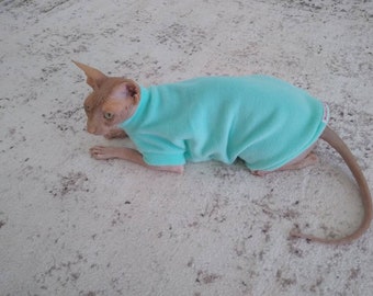 May include: A hairless cat wearing a light blue fleece sweater. The cat is lying on a white carpet with its tail curled around its body.