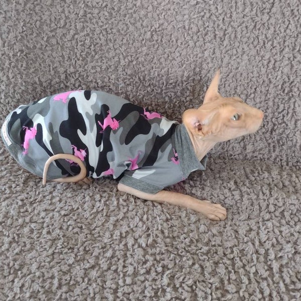 Sphynx cat clothes, bambino sphynx clothes, Unicorns on camouflage sphynx shirt, sphynx clothes, bambino clothes, sphynx sweater