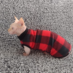 Sphynx cat clothes, bambino sphynx clothes, Red tartan sphynx cat fleece  sweater, sphynx clothes,bambino clothes, cat clothes, sphynx shirt