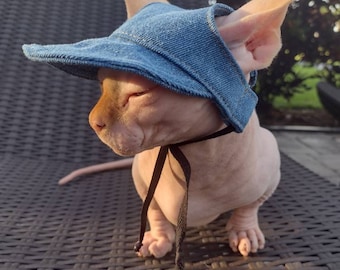 May include: A hairless cat wearing a blue denim baseball cap with a black strap. The cat is sitting on a brown wicker chair.