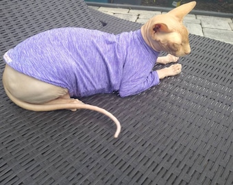 May include: A hairless cat wearing a purple and white striped shirt, lying on a black wicker surface.