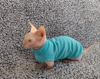 May include: A hairless Sphynx cat wearing a turquoise fleece sweater. The cat is light pink with large ears and is sitting on a gray, textured surface. The sweater has a turtleneck collar.