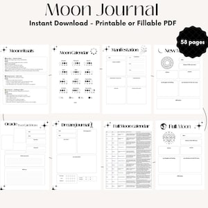 Könnte beinhalten: Ein schwarz-weißes, druckbares Mondjournal mit 58 Seiten. Das Journal enthält Abschnitte für Mondrituale, Mondkalender, Manifestation und Traumtagebücher. Der Titel "Moon Journal" steht oben, darunter "Instant Download - Printable or Fillable PDF".