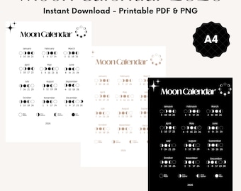 May include: A set of printable 2026 Moon Calendars in PDF and PNG formats. The calendars feature a minimalist design with phases of the moon for each month, with the text "Moon Calendar 2026" at the top.