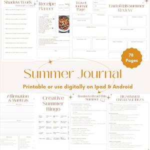 Peut inclure: Un journal d'été imprimable ou numérique de 78 pages. Il comprend des sections pour les recettes, les voyages et les bilans d'été. Il propose également des affirmations, un jeu de bingo estival et des recommandations de livres.