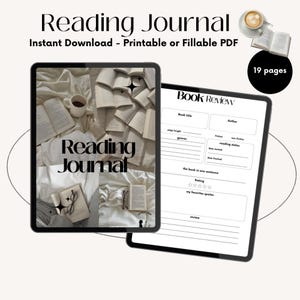 Peut inclure: Un journal de lecture numérique avec le texte "Reading Journal" et "Instant Download - Printable or Fillable PDF". Le journal comprend des pages de critique de livres et est conçu pour une utilisation numérique. L'image montre une tablette avec une mise en page de journal.