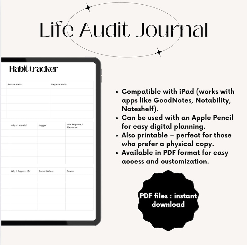 May include: A digital Life Audit Journal displayed on a tablet, featuring a habit tracker layout. The image includes text that says "Life Audit Journal" and "Habit tracker". Additional text describes compatibility with iPad and Apple Pencil, and availability in PDF format.