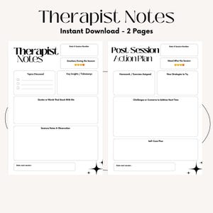 Peut inclure: Téléchargement numérique de deux pages intitulées "Notes du thérapeute". Les pages sont blanches avec du texte noir et comprennent des sections pour les notes de séance, les plans d'action et la planification des soins personnels. Le design présente des étoiles.