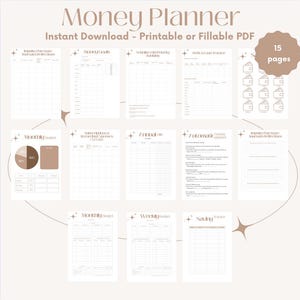 Peut inclure: Un planificateur financier beige avec le texte "Money Planner" et "Instant Download - Printable or Fillable PDF". Le planificateur comprend des pages pour le suivi des dépenses, des objectifs et de l'épargne. L'image montre 15 pages.