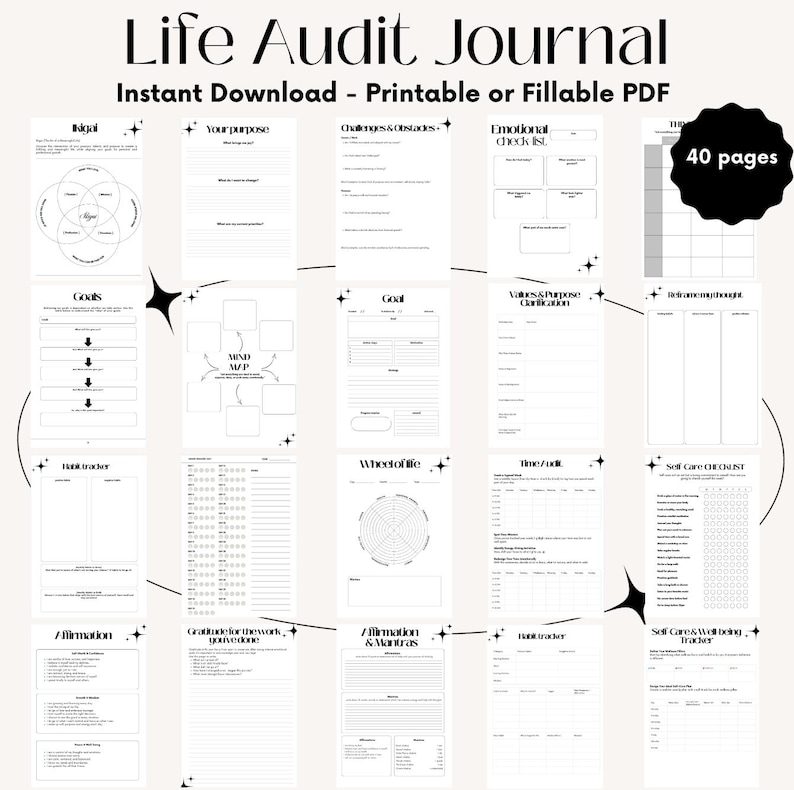 May include: A black and white printable Life Audit Journal with 40 pages. The journal includes sections for goals, habit tracking, and self-care. The cover reads "Life Audit Journal" and "Instant Download - Printable or Fillable PDF".