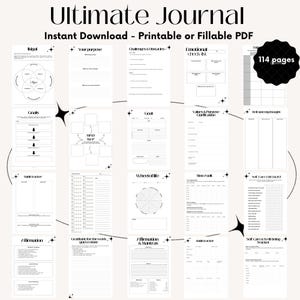Peut inclure: Un journal numérique Ultimate, téléchargeable instantanément en PDF imprimable ou remplissable, avec 114 pages. Il comprend des sections pour les objectifs, les affirmations, le suivi des habitudes et les soins personnels.