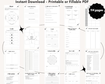 Peut inclure: Un journal numérique Ultimate, téléchargeable instantanément en PDF imprimable ou remplissable, avec 114 pages. Il comprend des sections pour les objectifs, les affirmations, le suivi des habitudes et les soins personnels.