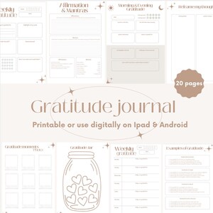 Peut inclure: Un journal de gratitude imprimable de 20 pages. Le journal propose une variété d'invites et d'activités pour vous aider à cultiver la gratitude dans votre vie quotidienne. La couverture présente un fond brun avec le texte "Gratitude Journal" en police blanche. Le texte "Imprimable ou utilisable numériquement sur Ipad & Android" est également inclus en police blanche.
